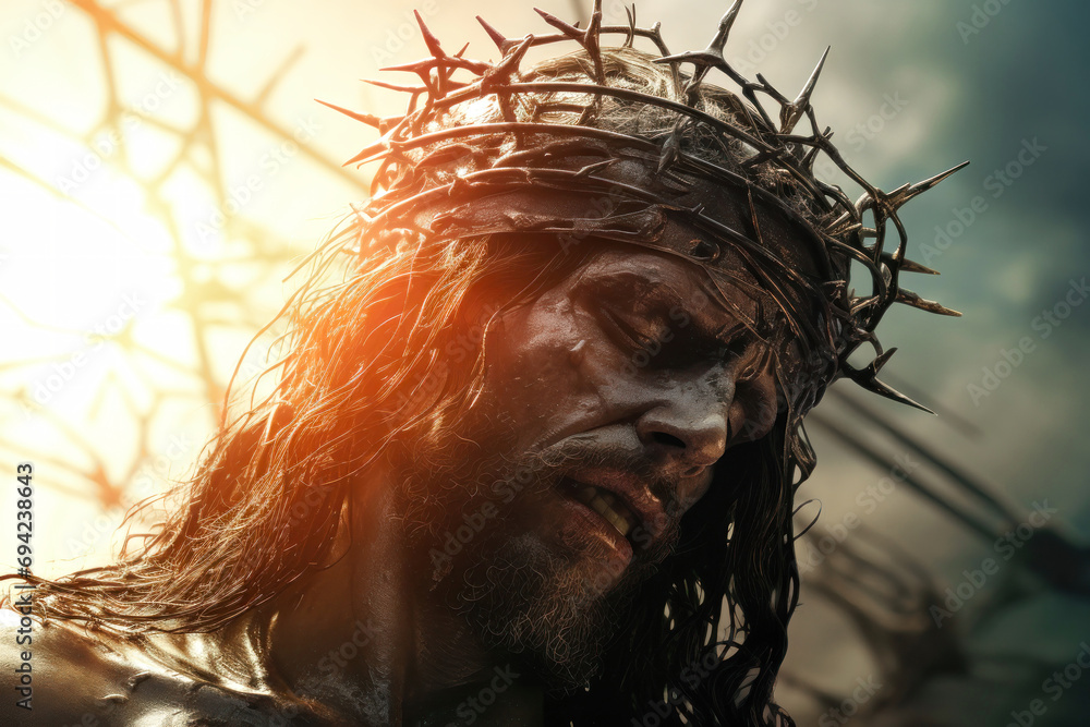 Jesus, savior, healer, wearing a crown of thorns, bloody and beaten, Easter Sunday Morning. - obrazy, fototapety, plakaty 