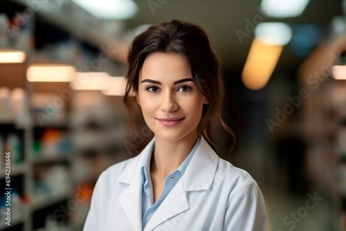 Cheerful beautiful smiling woman pharmacist standing next to the pharmacy shelves.
