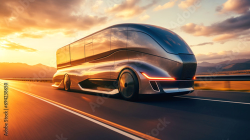 Electric semi-truck for long-distance transportation on a deserted road at sunset. The concept of road freight transport in the future. © Anoo