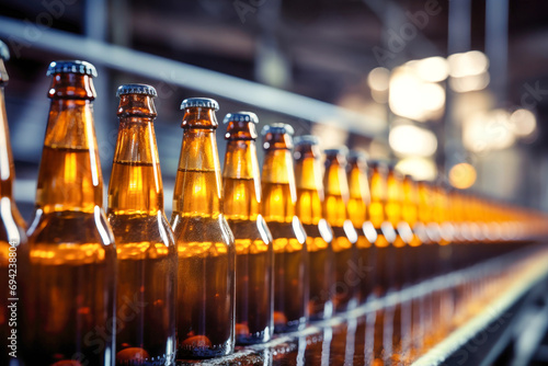 Factory for the production of beer. Brewery conveyor with glass beer drink alcohol bottles. Blurred background. Modern production for bottling drinks. Selective focus.