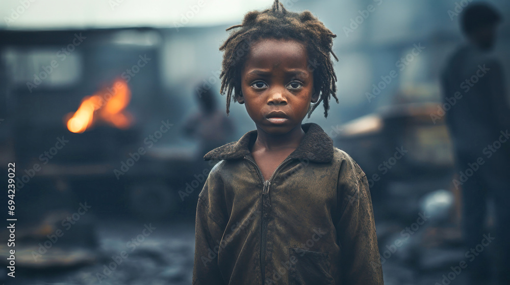 Portrait of a dark-skinned girl in the slums. A little girl looks at ...