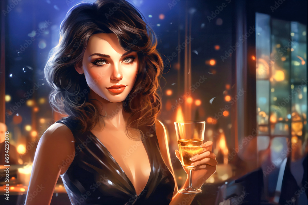 Smiling woman sitting at a bar with a glass of cocktail in a luxurious interior. Blurred background. A woman relaxes in a bar after work. Smiling woman sitting at a bar with a glass of cocktail in a luxurious interior. Blurred background. A woman relaxes in a bar after work.