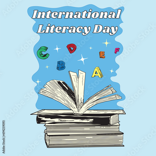 International literacy day with many books and blue background