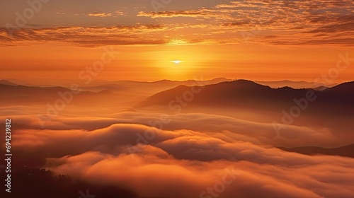 Golden Sunrise Over Misty Mountain Peaks and Valleys