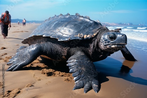 Large leatherback sea turtle crawling up the beach to complete the nesting process photo