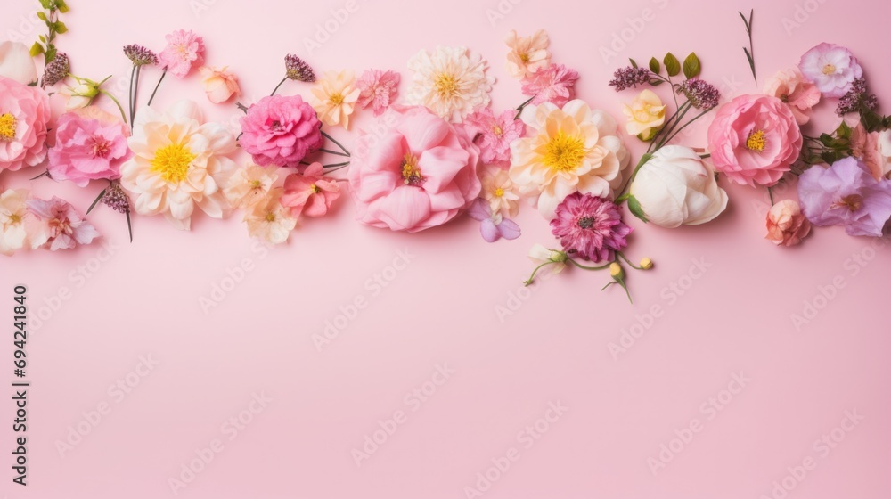 Vibrant floral assortment framing blank pink space. Luxury product showcase.