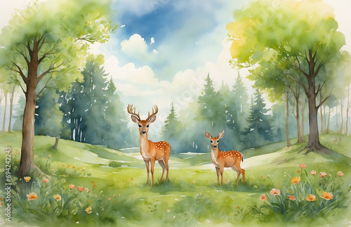 Fototapeta Children book watercolor illustration, forest spring environment with two deer cartoon drawing
