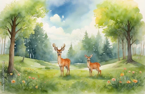 Obraz Children book watercolor illustration, forest spring environment with two deer cartoon drawing
