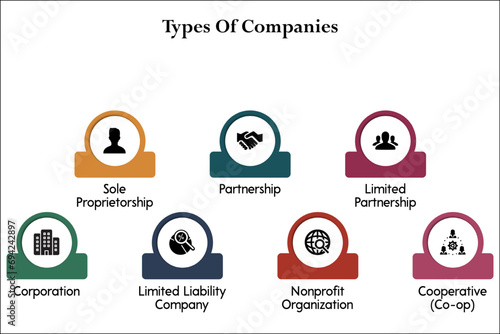 Types of Companies - Sole proprietorship, Partnership, Limited Partnership, Corporation, Limited liability company, Nonprofit Organization, Cooperative. Infographic template with icons