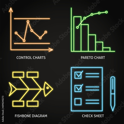 Quality control charts neon icon set