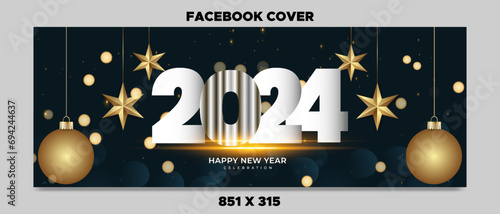 Happy New Year greeting facebook banner design. 2024 new year social media post banner.