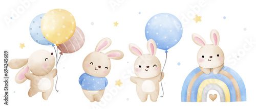 Draw vector illustration banner adorable baby bunny boy For nursery birthday kids Sweet dream concept Watercolor style © anchalee