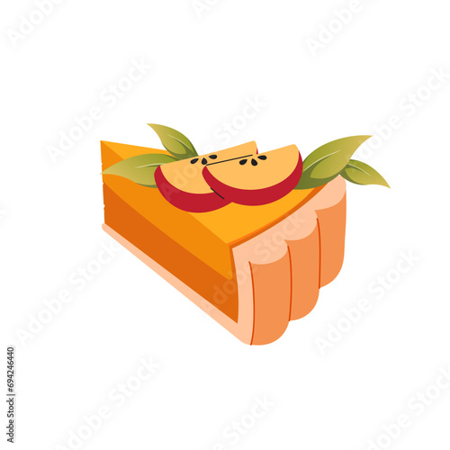 Apple pie Piece decorated with apple slices. Cake with whipped cream vector. Classic American pie.