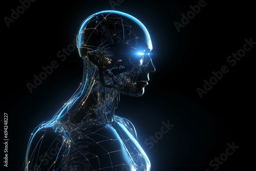 Illustration of a hi-tech cyborg with luminous lines conveying the idea of futuristic and intelligence evolution. Generative AI