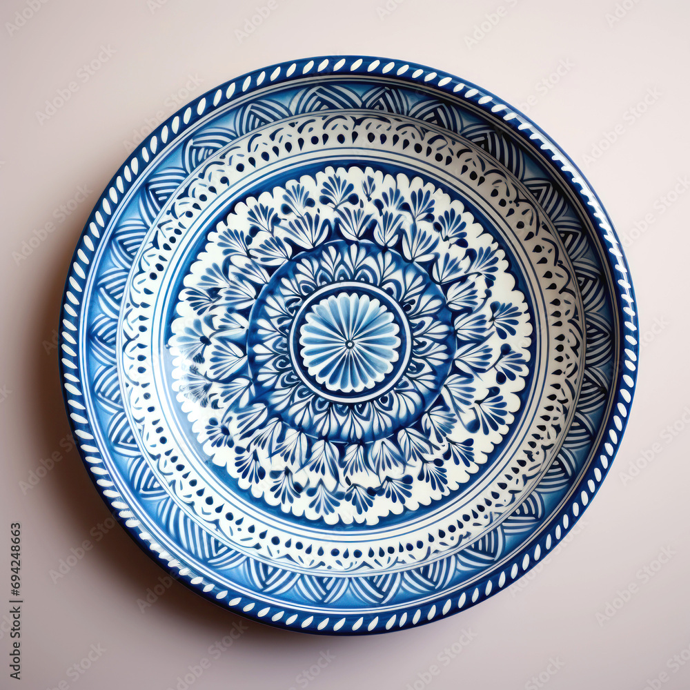 Decorative Moroccan ceramic hand painted plate, handmade, isolated, closeup top view. Decorative Moroccan ceramic hand painted plate, handmade, isolated, closeup top view.
