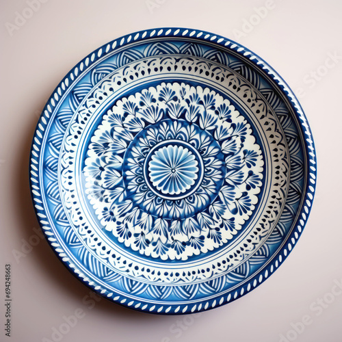 Decorative Moroccan ceramic hand painted plate, handmade, isolated, closeup top view.