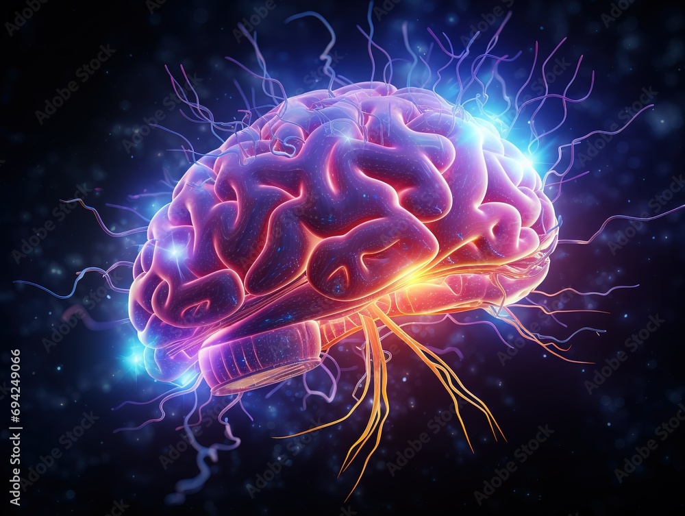Human brain with thunderbolt on dark background