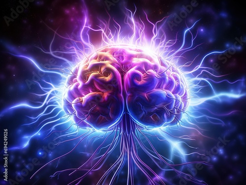 Human brain with thunderbolt on dark background
