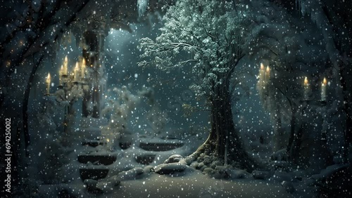 Mystical forest with burning candles and falling snow photo