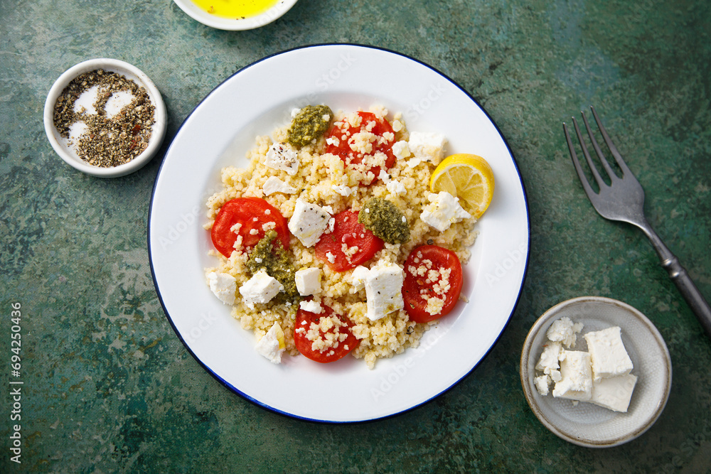 Couscous with pesto and Feta cheese Couscous with pesto and Feta cheese
