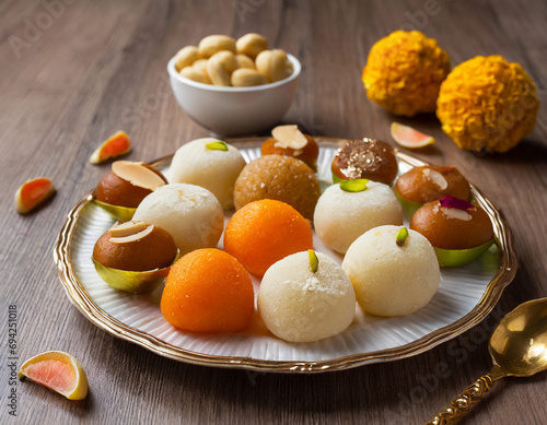 Indian sweets in a plate includes Gulab Jamun, Rasgulla, kaju katli, morichoor / Bundi Laddu, Gujiya or Karanji for diwali celebration photo