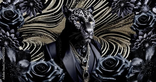 Anthropomorphic stylish panther in black flowers space. Fashion animation collage.  photo
