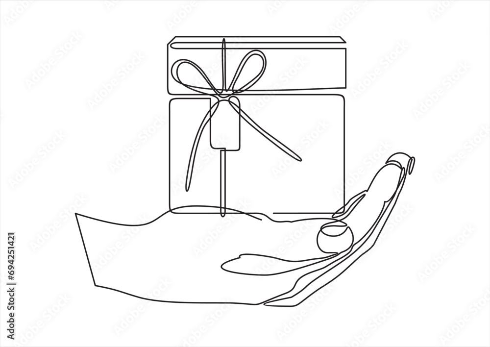 Human hand holding gift box continuous line. One line art drawn surprise. Birthday symbol. Vector isolated on white.