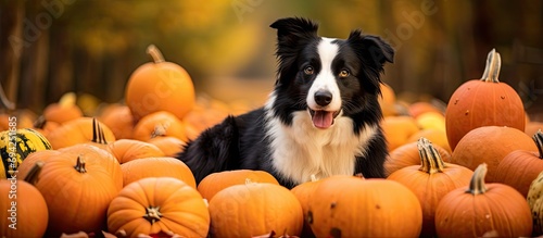 Autumn-themed Border Collie dog among pumpkins in the woods during holidays. photo