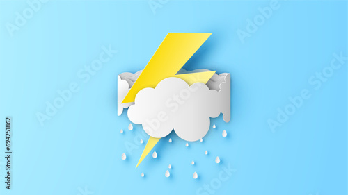 lightning in the clouds. Monsoon with thunder and raining clouds. Rainy season with cloudy, lightning and raindrops.  paper cut and craft style. vector, illustration.