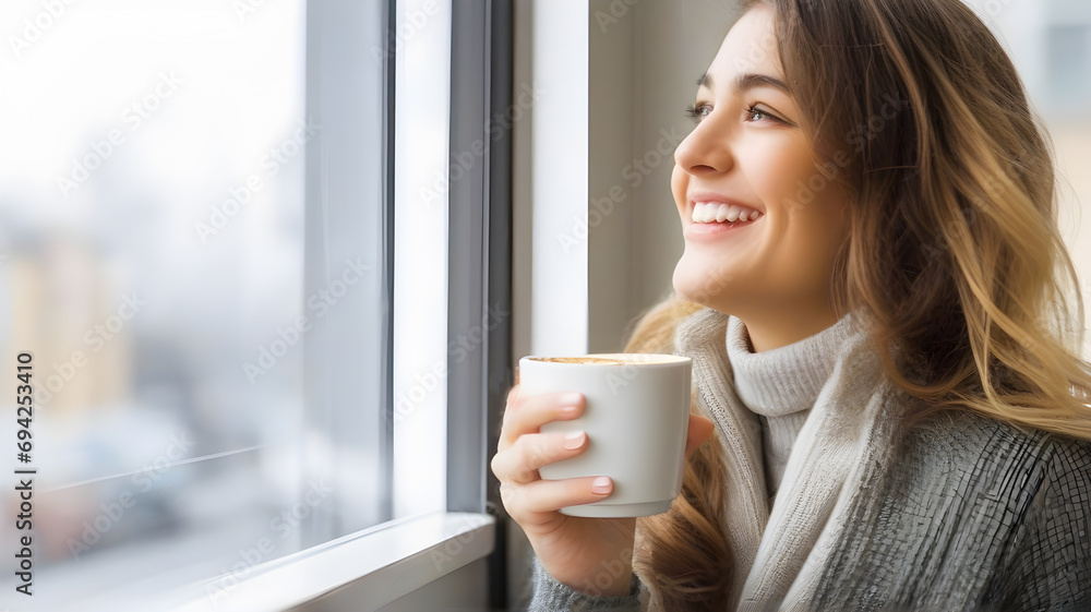 Young woman held a coffee cup with a sweet smile and looked out the window. Young woman held a coffee cup with a sweet smile and looked out the window.