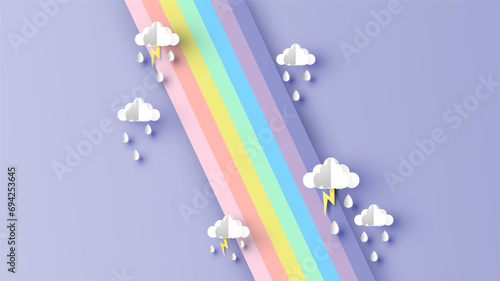 Vertical rainbow with clouds, raindrop, lightning. rainy season. Rainbow line shape. paper cut and craft design. vector, illustration.