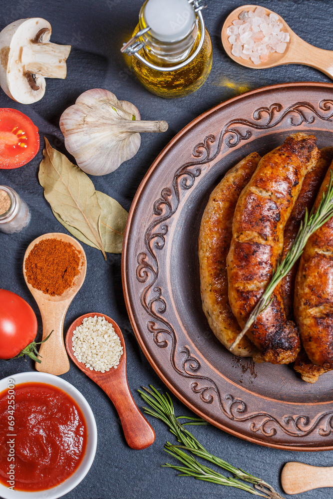Fried barbecue sausages with vegetables and different spices, fried sausages, junk fried food Fried barbecue sausages with vegetables and different spices, fried sausages, junk fried food
