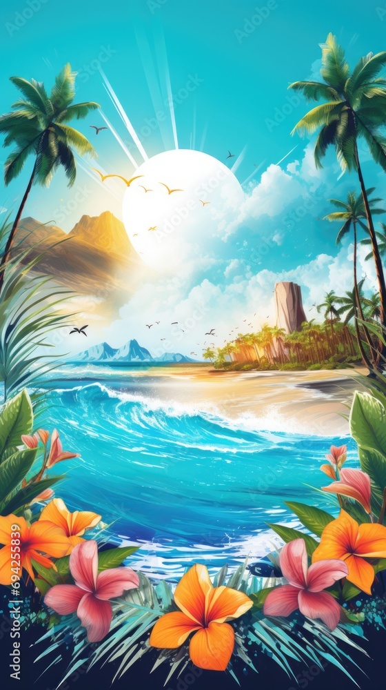 Beach with palm trees. Vertical background 
