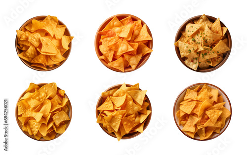 Collection set of nacho chips in a bowl isolated on a transparent background, top view