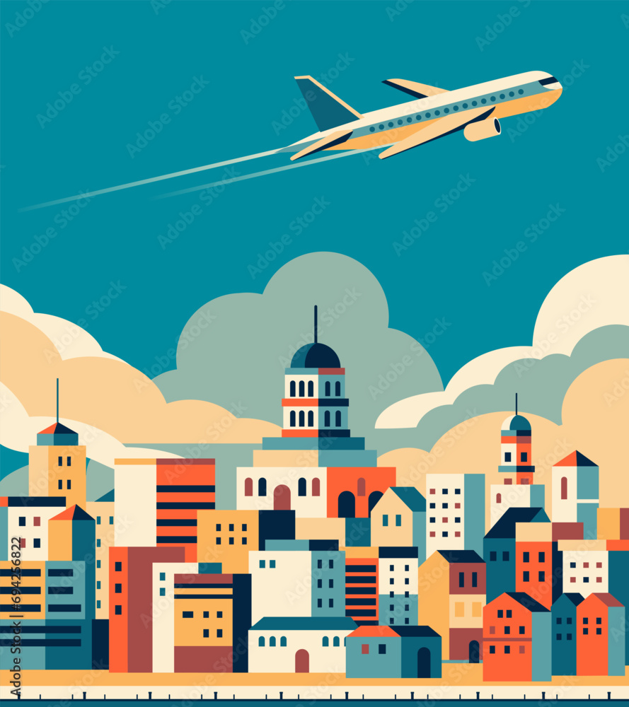 A plane flies over a European city, with a retro color and stylized European cityscape, a vector illustration of a travel concept