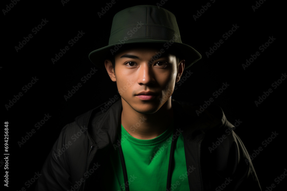 a young asian man with a wear a green hat on black background