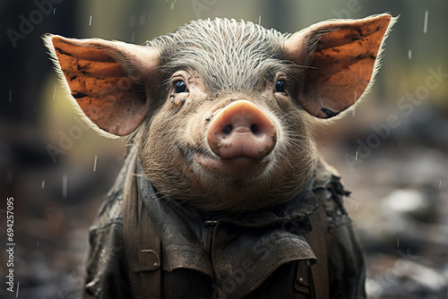 Portrait of dirty cute pig eating with big ears photo