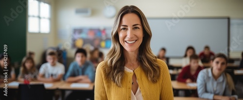 Highschool woman teacher in classroom with student photo