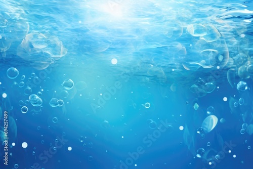 Bubbles in water on blue background photo