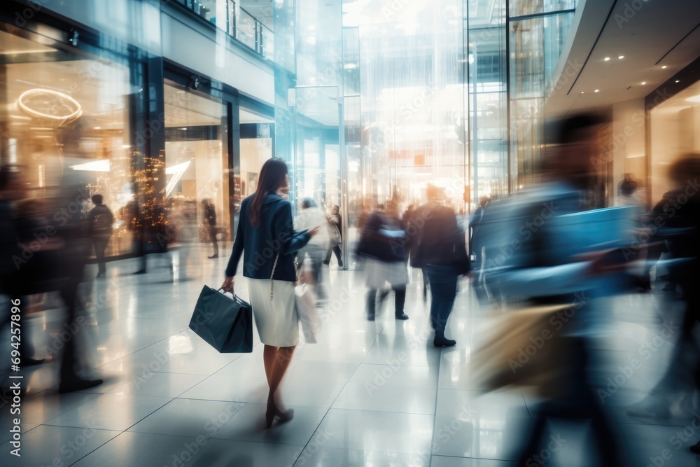 Blurry image of people with shopping bags in a busy department store.