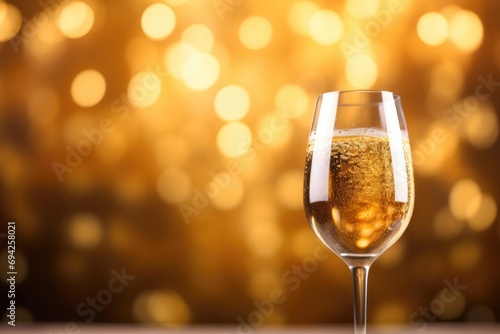 Champagne in the nigh with lights bokeh, glitter and sparks on the background