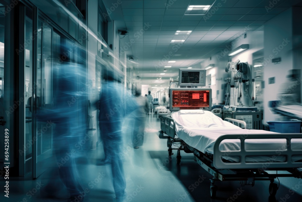 Blur image of patient bed and people working in hospital Blur image of patient bed and people working in hospital