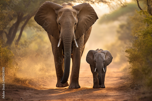 Mom and baby African elephant walking together © Golden House Images