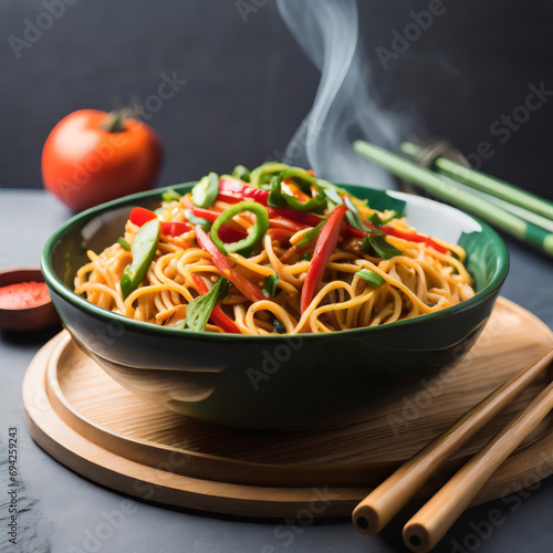 schezwan noodles or vegetable hakka noodles or chow mein is a popular indo chinese recipes photo
