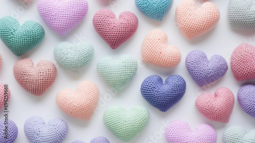 copy space  stockphoto  pastel colored Knit hearts - Valentine s Day Concept. Beautiful valentine background with some red hearts. Romantic background or wallpaper for valentine   s day. Valentine   s day