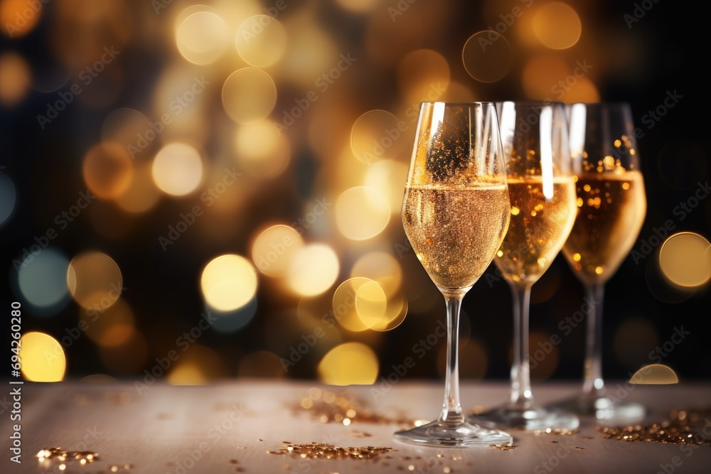 Champagne in the nigh with lights bokeh, glitter and sparks on the background Champagne in the nigh with lights bokeh, glitter and sparks on the background