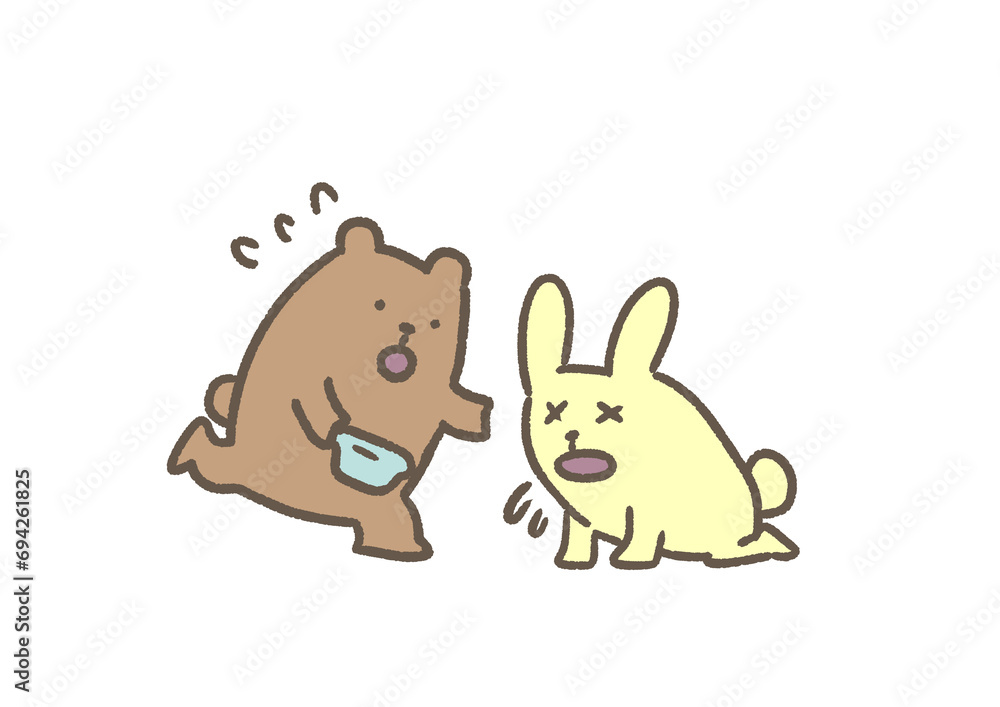 嘔吐しそうなウサギと介抱するクマのカラーイラスト