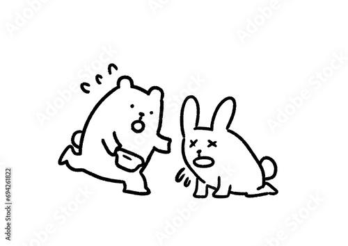 嘔吐しそうなウサギと介抱するクマの白黒イラスト
