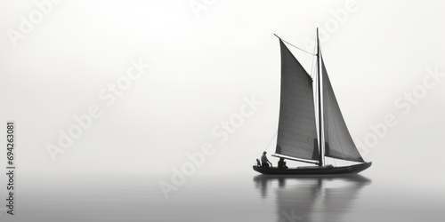 A sailboat on a foggy day at sea.