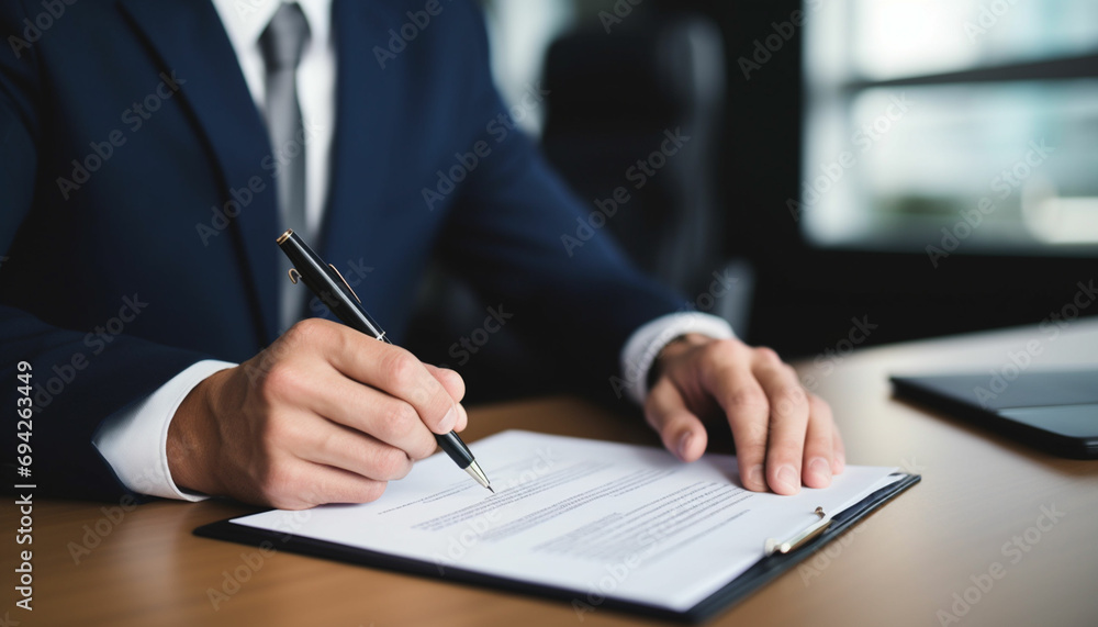 Portrait of smiling businessman sitting at table in office and signing contract Portrait of smiling businessman sitting at table in office and signing contract